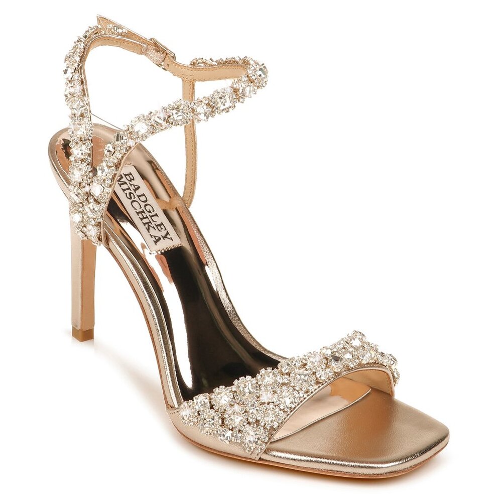 Badgley Mischka Galia Crystal Ankle Strap Evening Sandals 8-1/2 Champagne